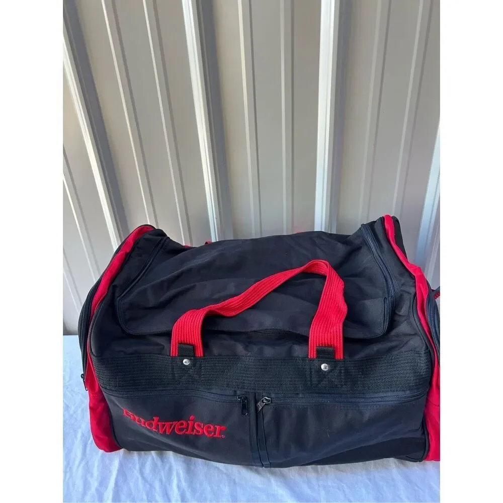 Budweiser duffle tote bag‎ black red 23x12x14 adj strap